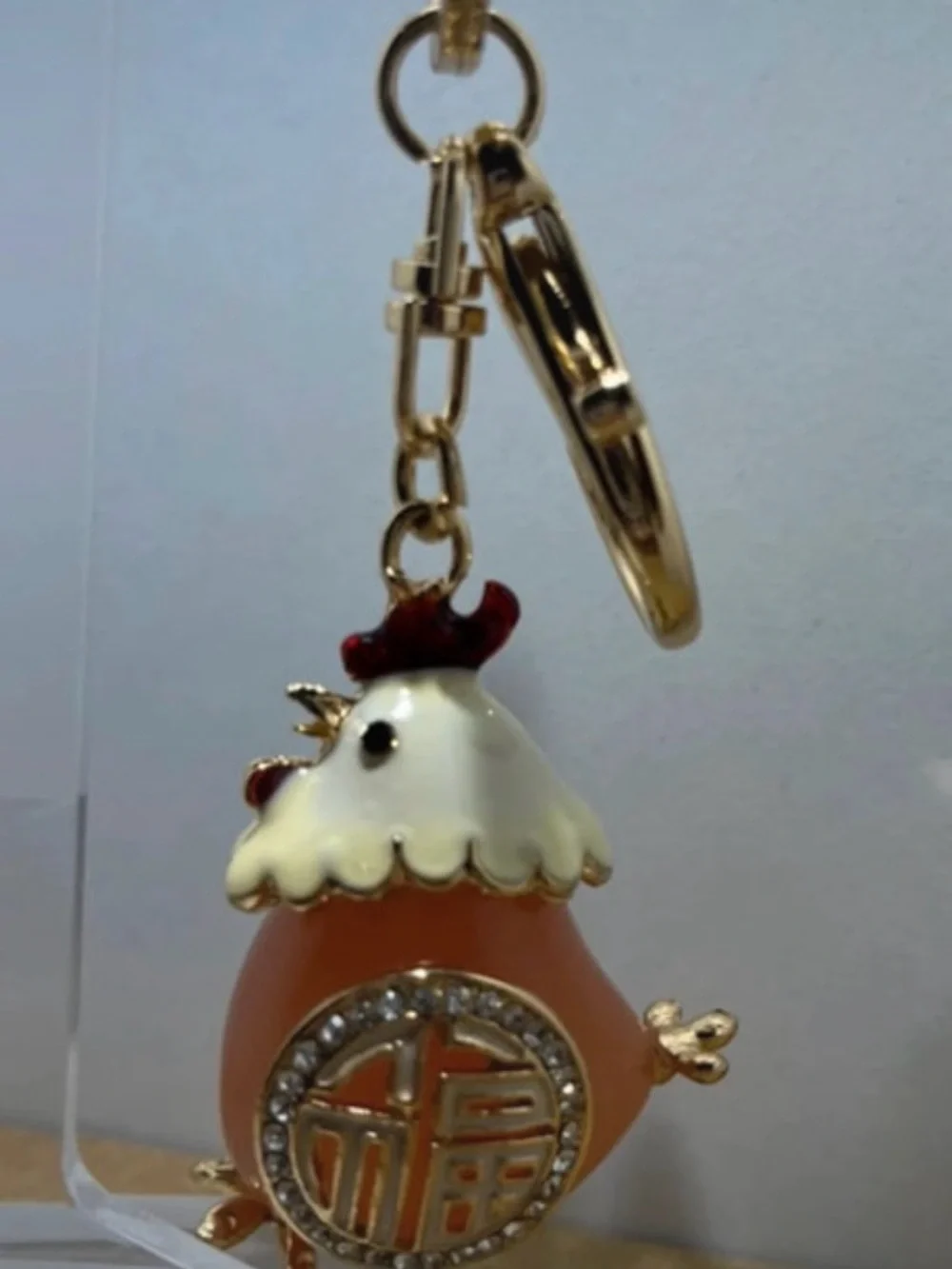 Gold-Tone Orange & White Chicken Charm Keyring for Pet Bird Fans